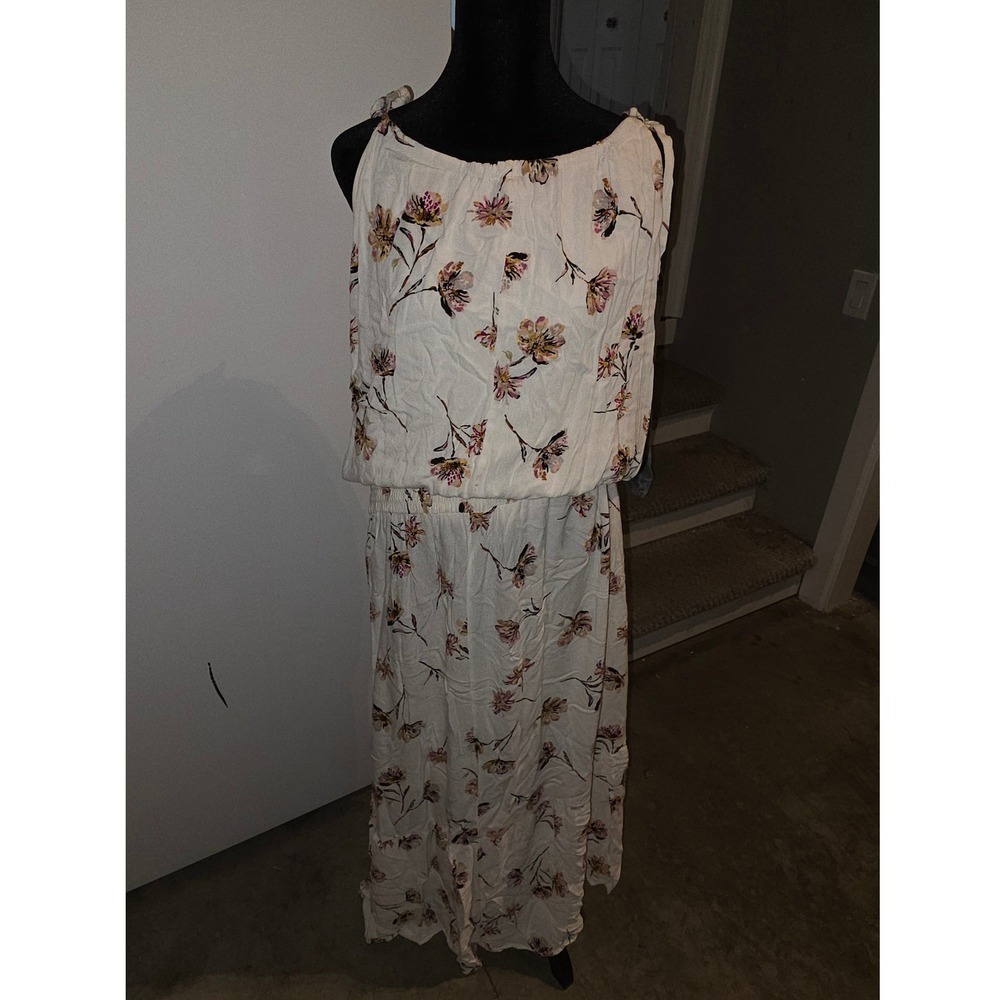 Maurices Cream Floral Tie Shoulder Blouson Maxi Dress Size 2 101220